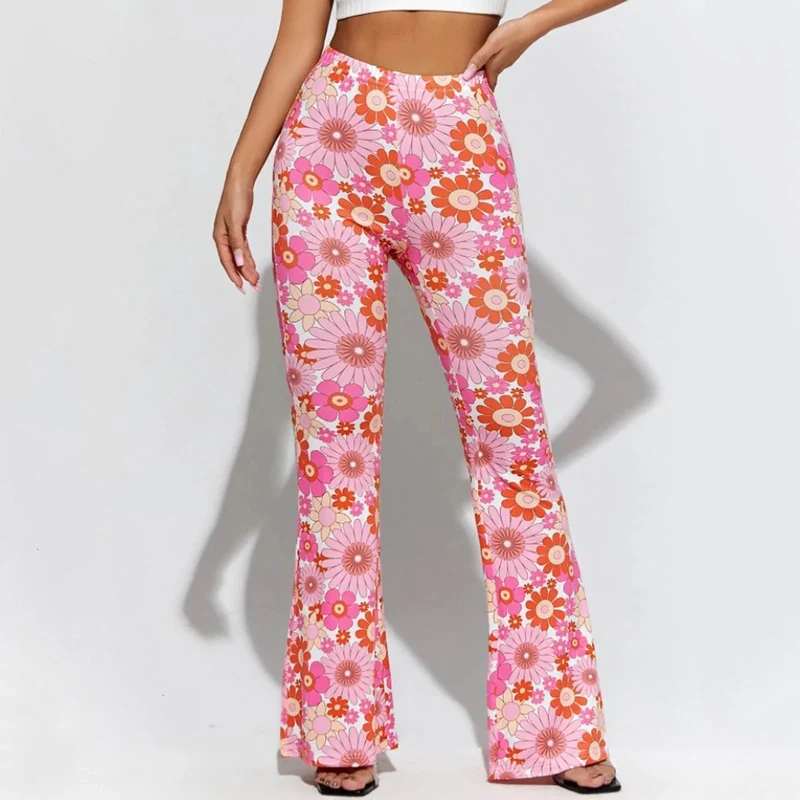 Damen Hose Bootcut Hüftjeans Schlaghose Flared Leggins Flower Power Retro Boho
