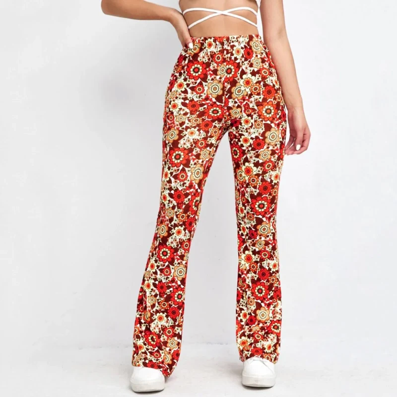 Damen Hose Bootcut Hüftjeans Schlaghose Flared Leggins Flower Power Retro Boho
