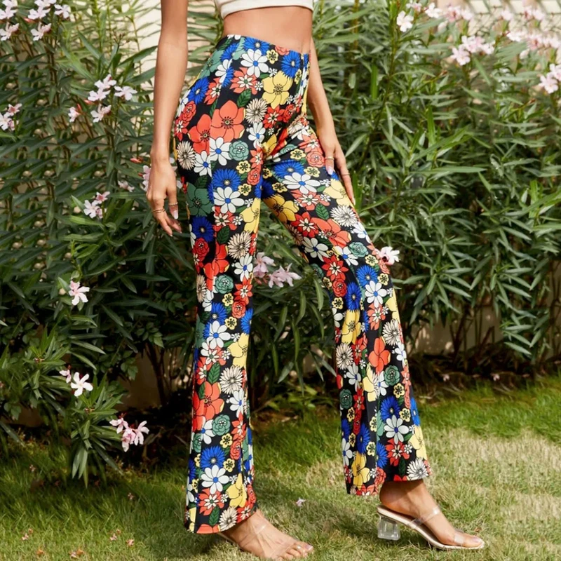 Damen Hose Bootcut Hüftjeans Schlaghose Flared Leggins Flower Power Retro Boho