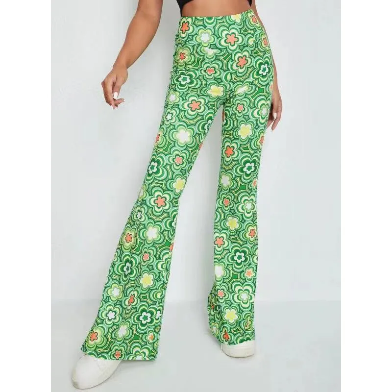 Damen Yoga Hose Bootcut Hüftjeans Schlaghose Flared Leggins Flower Power Retro