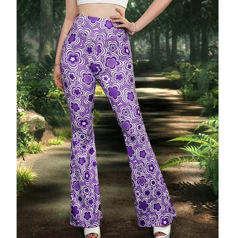 Damen Yoga Hose Bootcut Hüftjeans Schlaghose Flared Leggins Flower Power Retro