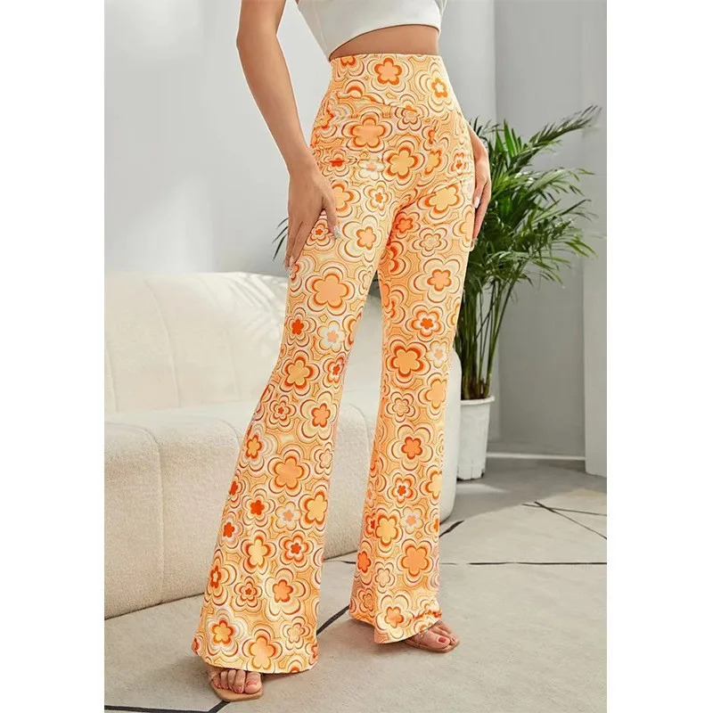 Damen Yoga Hose Bootcut Hüftjeans Schlaghose Flared Leggins Flower Power Retro