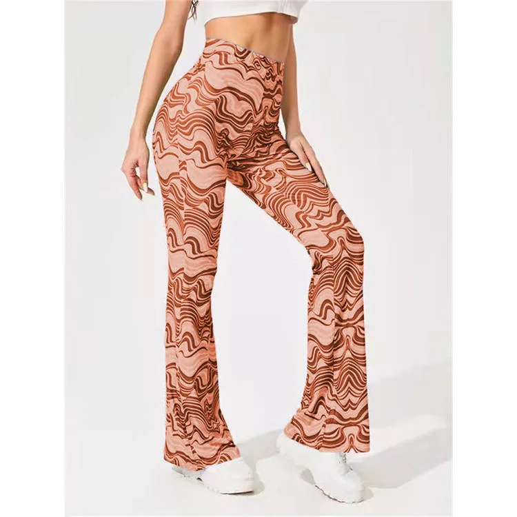 Damen Yoga Hose Bootcut Hüftjeans Schlaghose Flared Leggins Flower Power Retro