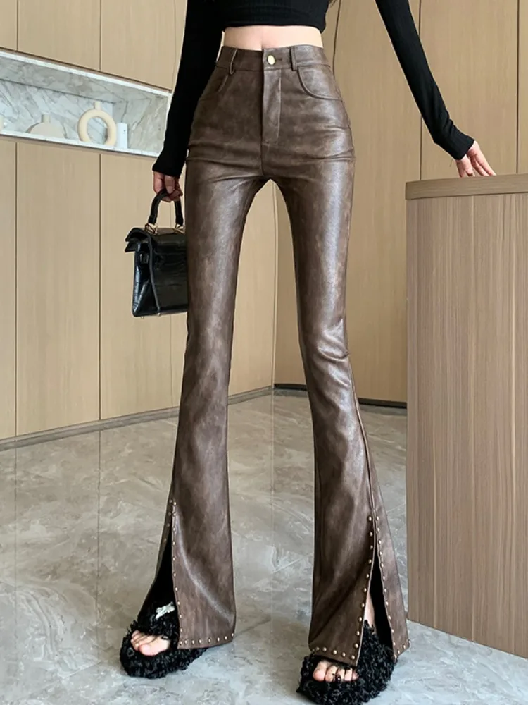Damen Hose Gothic Punk PU Lederhose Bootcut Strech Hüftjeans Schlaghose Flared
