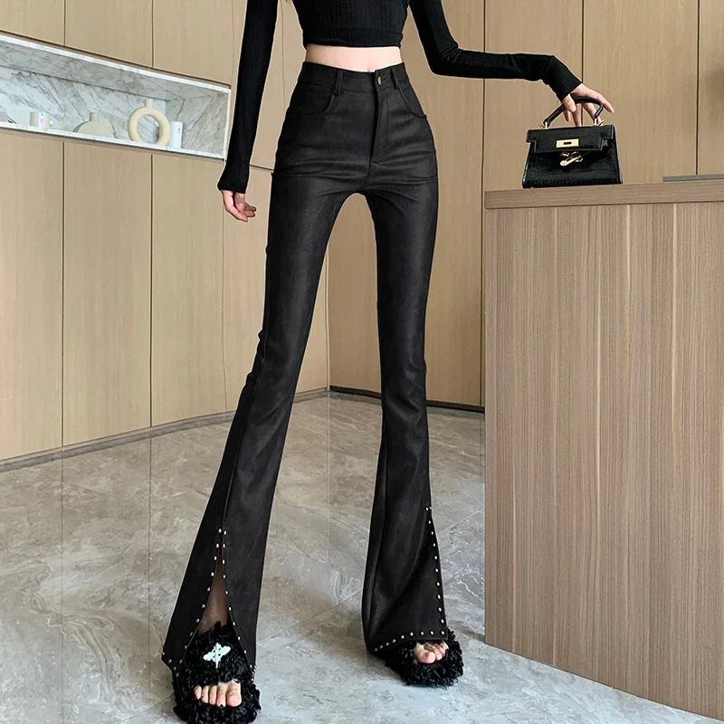 Damen Hose Gothic Punk PU Lederhose Bootcut Strech Hüftjeans Schlaghose Flared