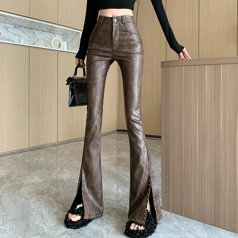 Damen Hose Gothic Punk PU Lederhose Bootcut Strech Hüftjeans Schlaghose Flared