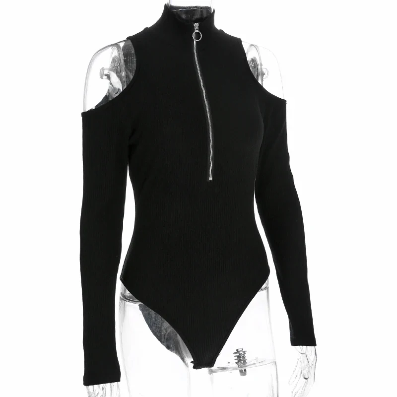 Damen Body Bluse Reißverschluss Langarm Shirt Frau Top mit Cut Out Hemd