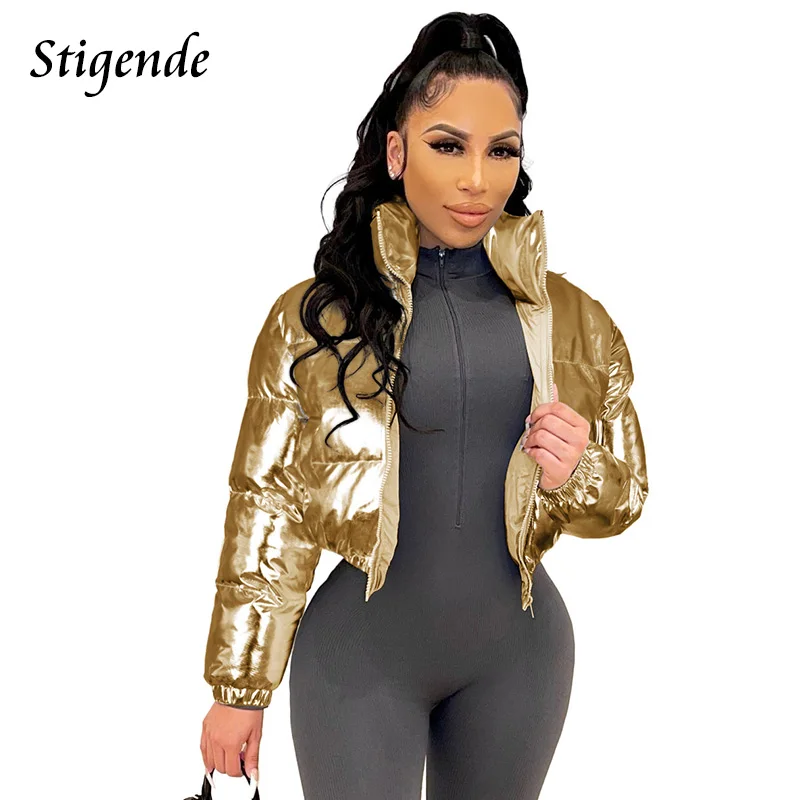 Damen Glänzende Daunenjacke Mit Kapuze Gold Steppjacke Streetwear Stepp Jacke