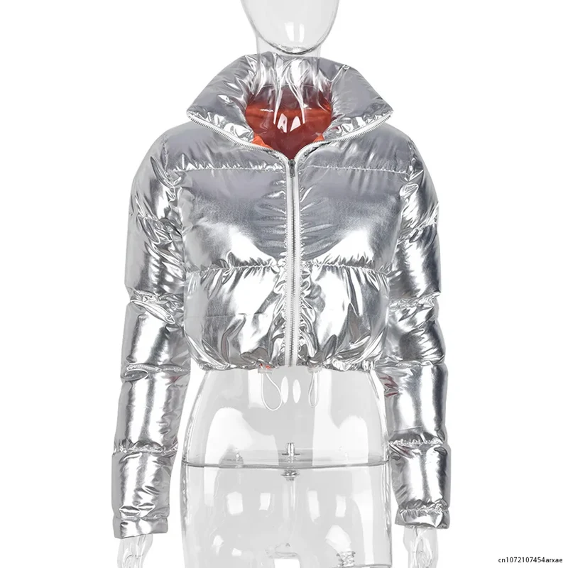 Damen Glänzende Daunenjacke Mit Kapuze Silber Steppjacke Streetwear Stepp Jacke