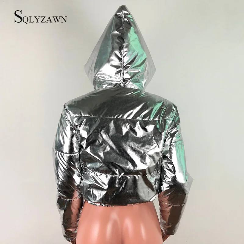 Damen Glänzende Daunenjacke Mit Kapuze Silber Steppjacke Streetwear Stepp Jacke