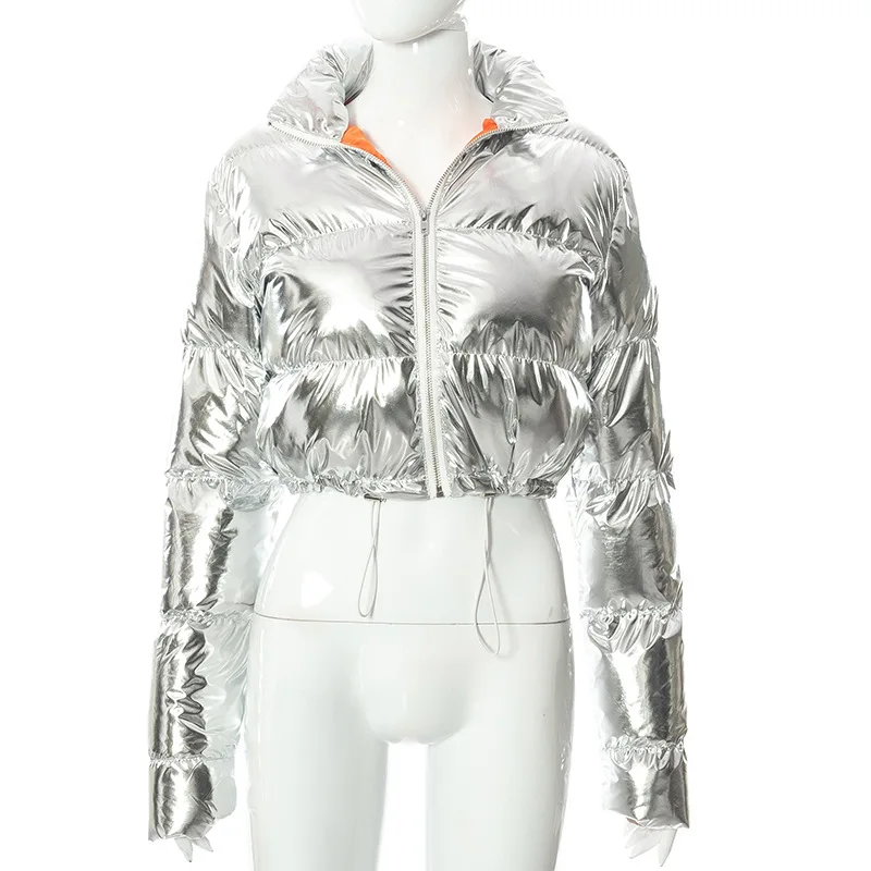 Damen Glänzende Daunenjacke Mit Kapuze Silber Steppjacke Streetwear Stepp Jacke