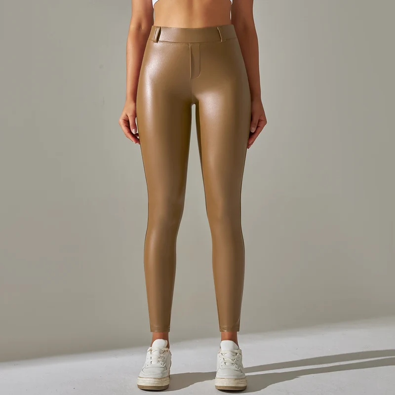Damen Fashion Leggings Push Up Leggins Hose PU Lederhose mit Taschen Sexy