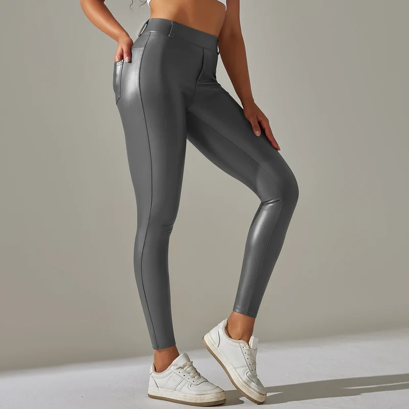 Damen Fashion Leggings Push Up Leggins Hose PU Lederhose mit Taschen Sexy