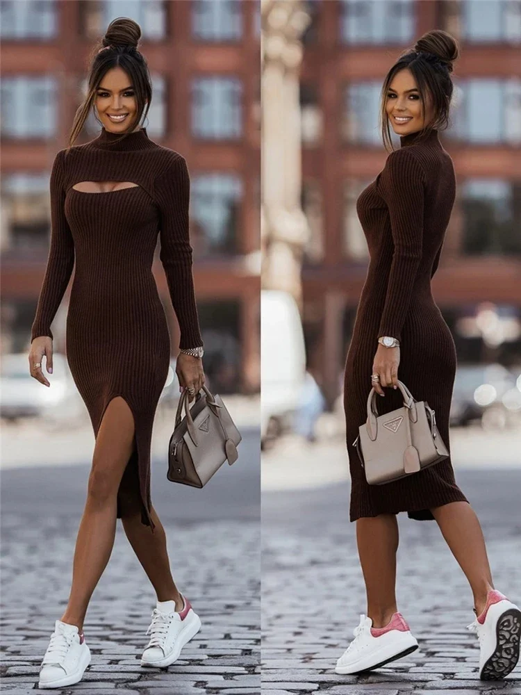 Damen Wollkleid Maxi Kleid Pulloverkleid Winterkleid Strickkleid Bodycon