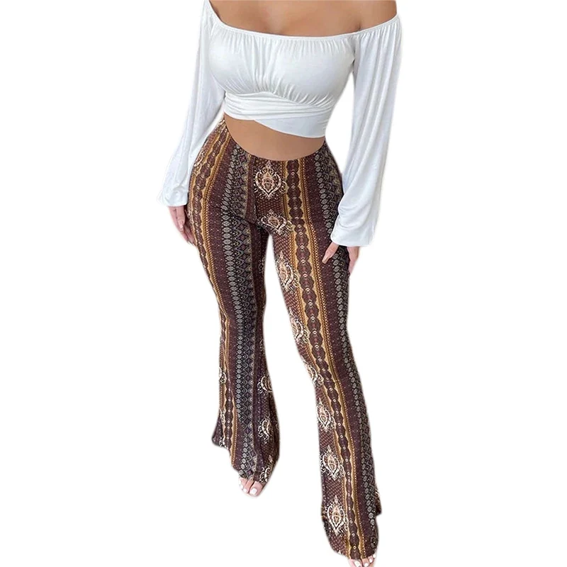 Damen Hose Bootcut Hüftjeans Schlaghose Flared Leggins Flower Power Retro Boho