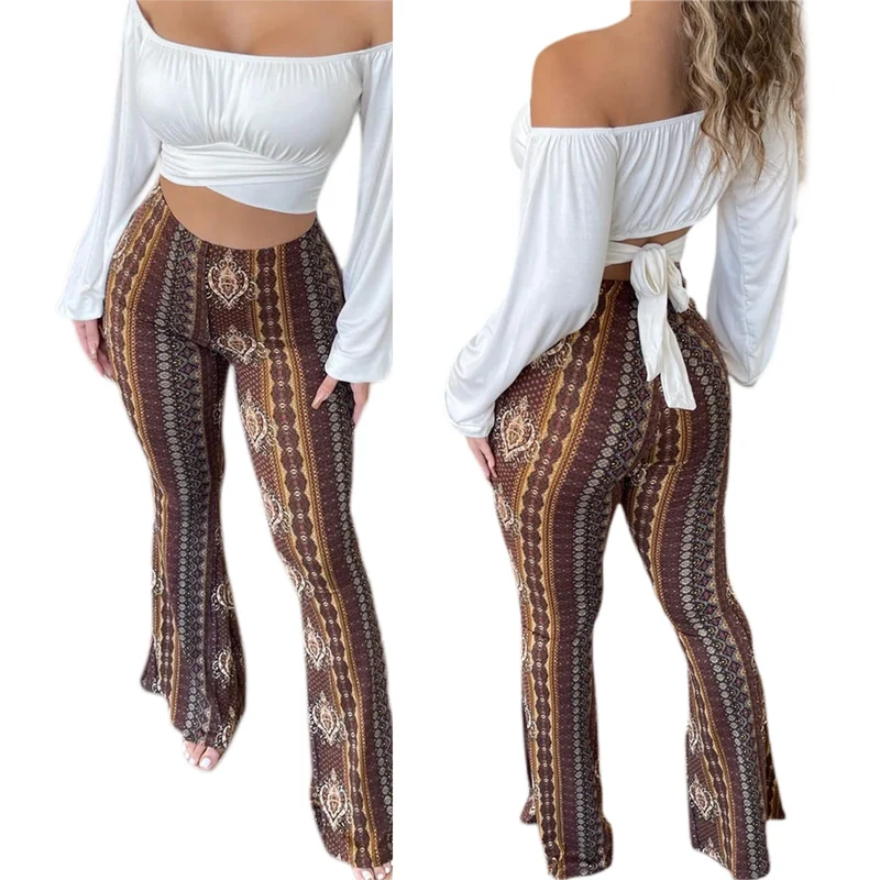 Damen Hose Bootcut Hüftjeans Schlaghose Flared Leggins Flower Power Retro Boho