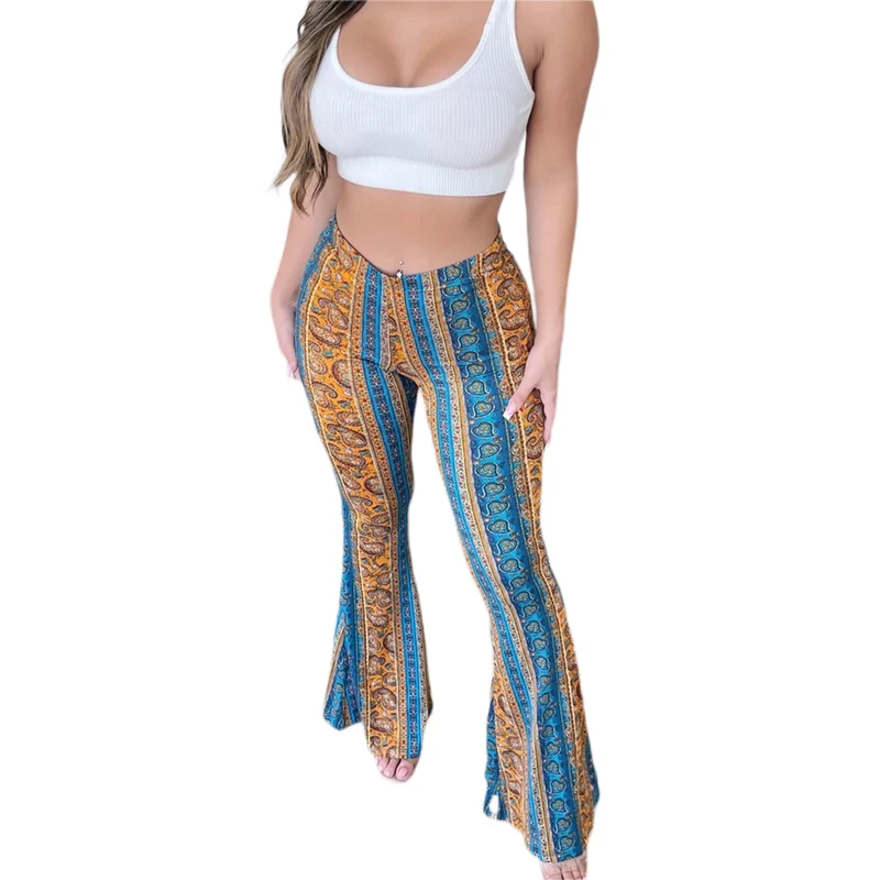 Damen Hose Bootcut Hüftjeans Schlaghose Flared Leggins Flower Power Retro Boho
