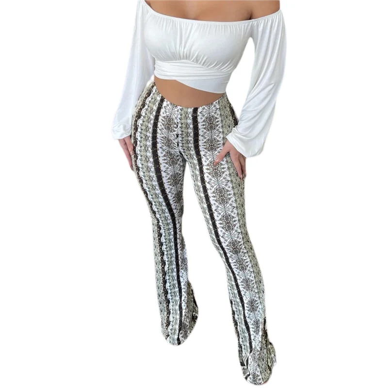 Damen Hose Bootcut Hüftjeans Schlaghose Flared Leggins Flower Power Retro Boho