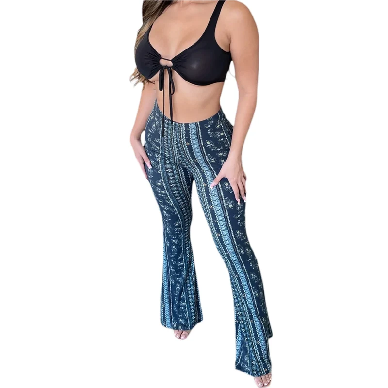 Damen Hose Bootcut Hüftjeans Schlaghose Flared Leggins Flower Power Retro Boho