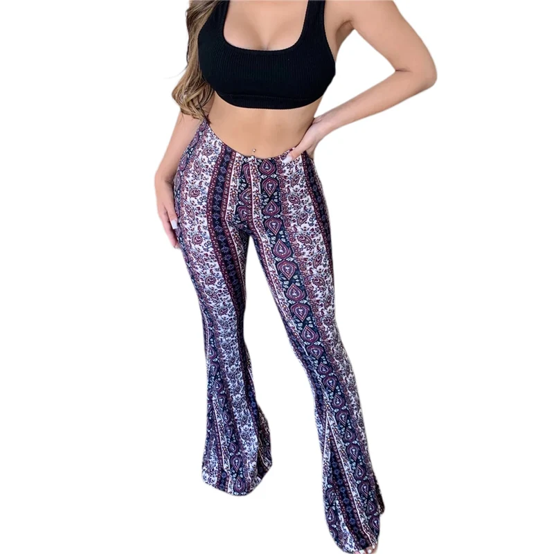 Damen Hose Bootcut Hüftjeans Schlaghose Flared Leggins Flower Power Retro Boho
