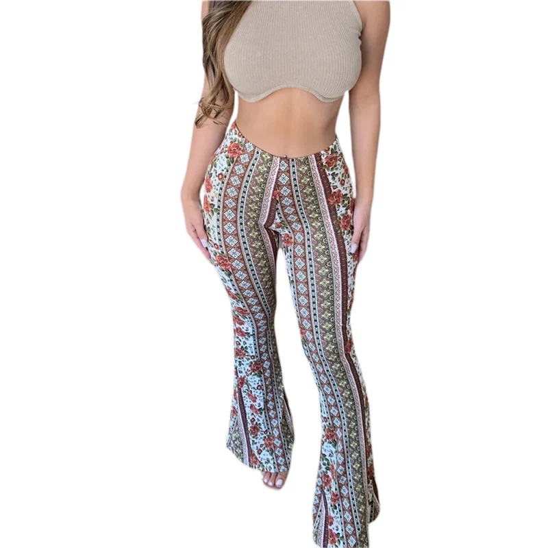 Damen Hose Bootcut Hüftjeans Schlaghose Flared Leggins Flower Power Retro Boho