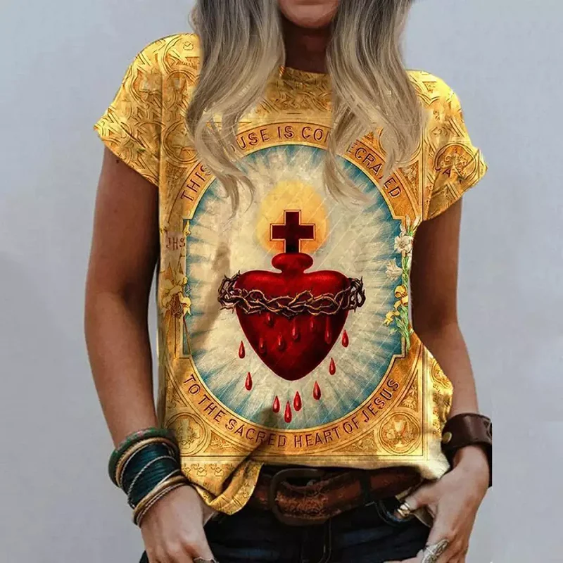 Damen Sommer Top Jungfrau Maria T-Shirt Rundhals Streetwear lockeres Damentop