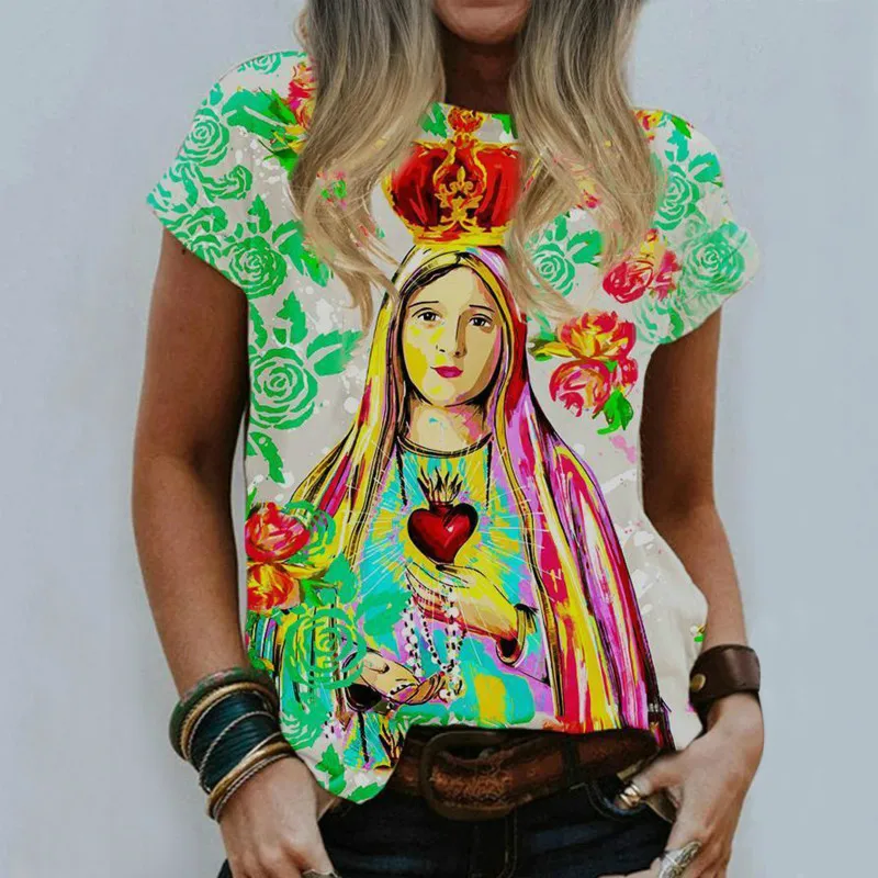 Damen Sommer Top Jungfrau Maria T-Shirt Rundhals Streetwear lockeres Damentop
