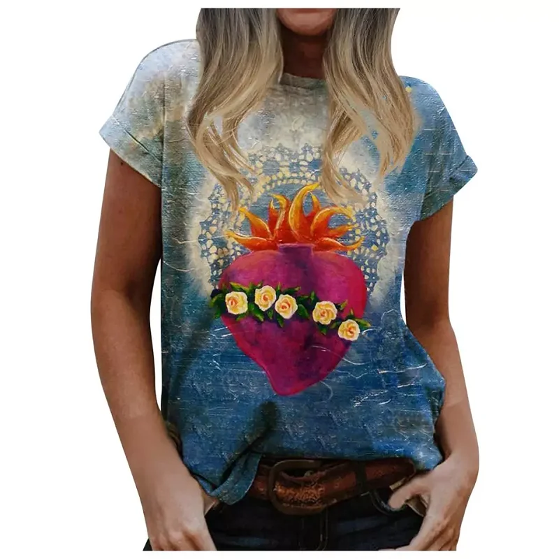 Damen Sommer Top Jungfrau Maria T-Shirt Rundhals Streetwear lockeres Damentop