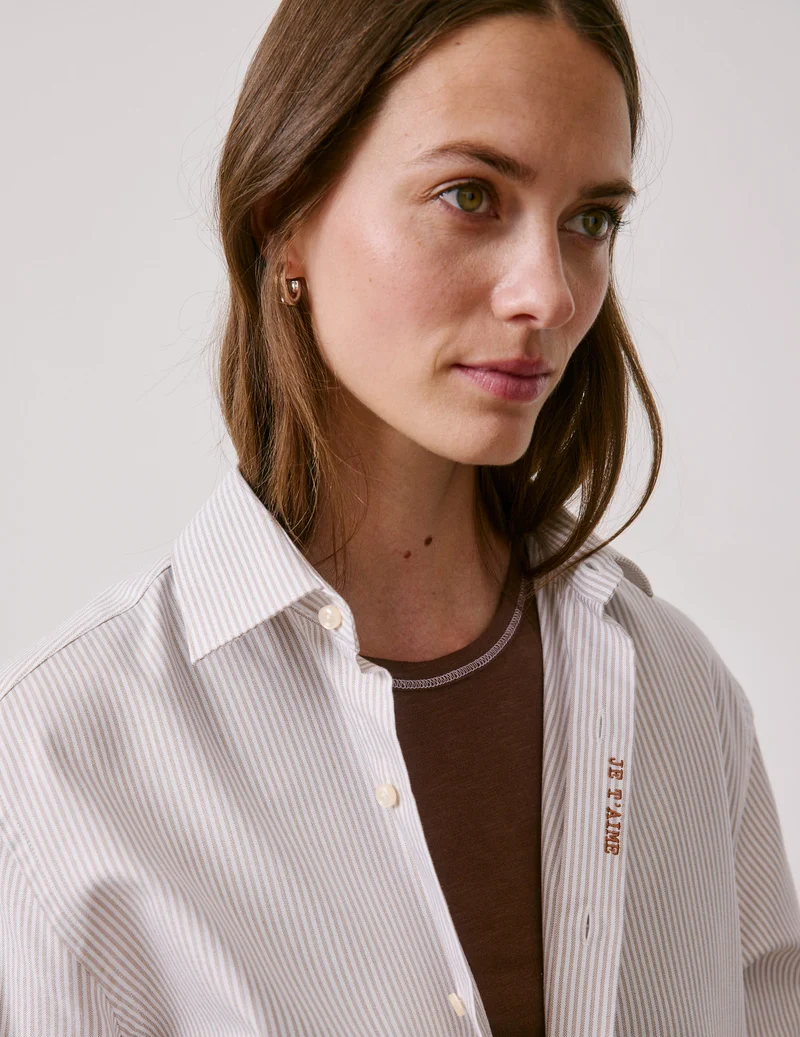 Chemise mixte "Je t'aime" rayée beige