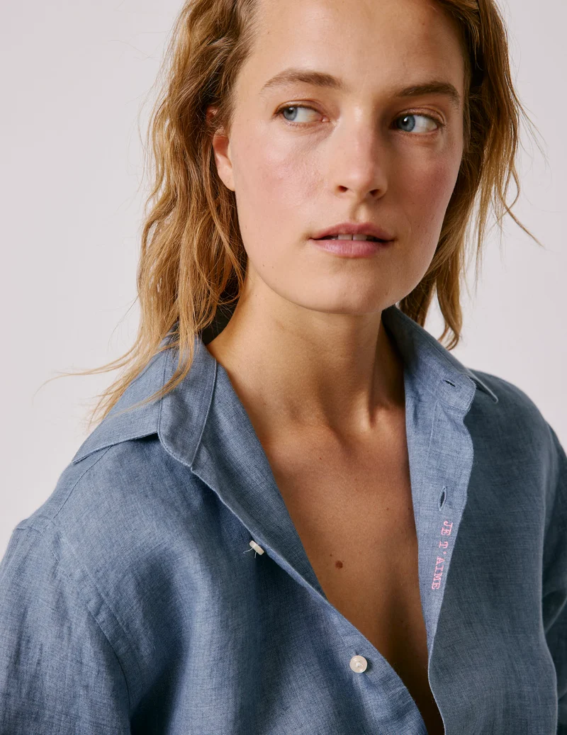 Chemise mixte "Je t'aime" en lin bleu