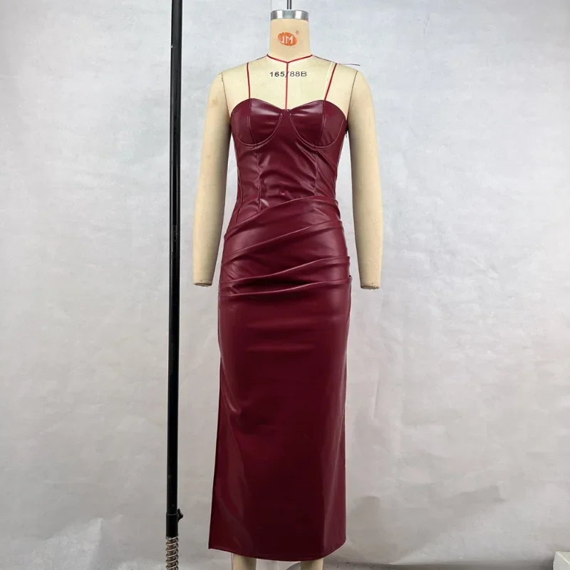 Frauen PU Leder Kleid rückenfreies Partykleid Trägerlos Abendkleid Cocktailkleid