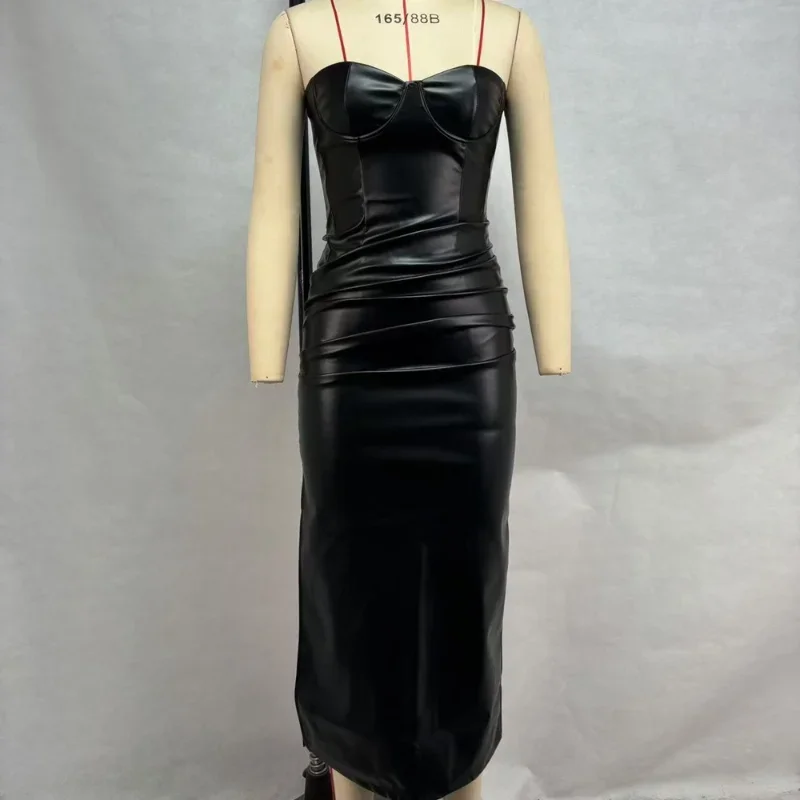 Frauen PU Leder Kleid rückenfreies Partykleid Trägerlos Abendkleid Cocktailkleid