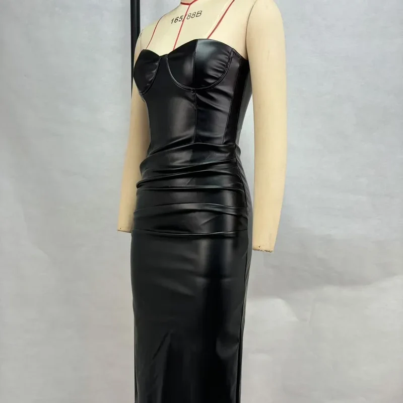 Frauen PU Leder Kleid rückenfreies Partykleid Trägerlos Abendkleid Cocktailkleid