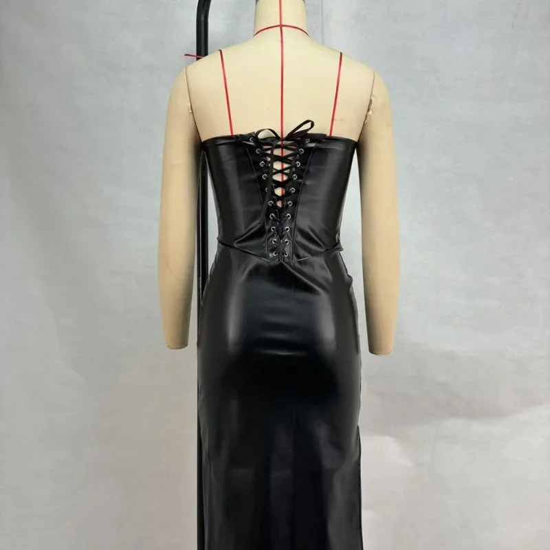 Frauen PU Leder Kleid rückenfreies Partykleid Trägerlos Abendkleid Cocktailkleid