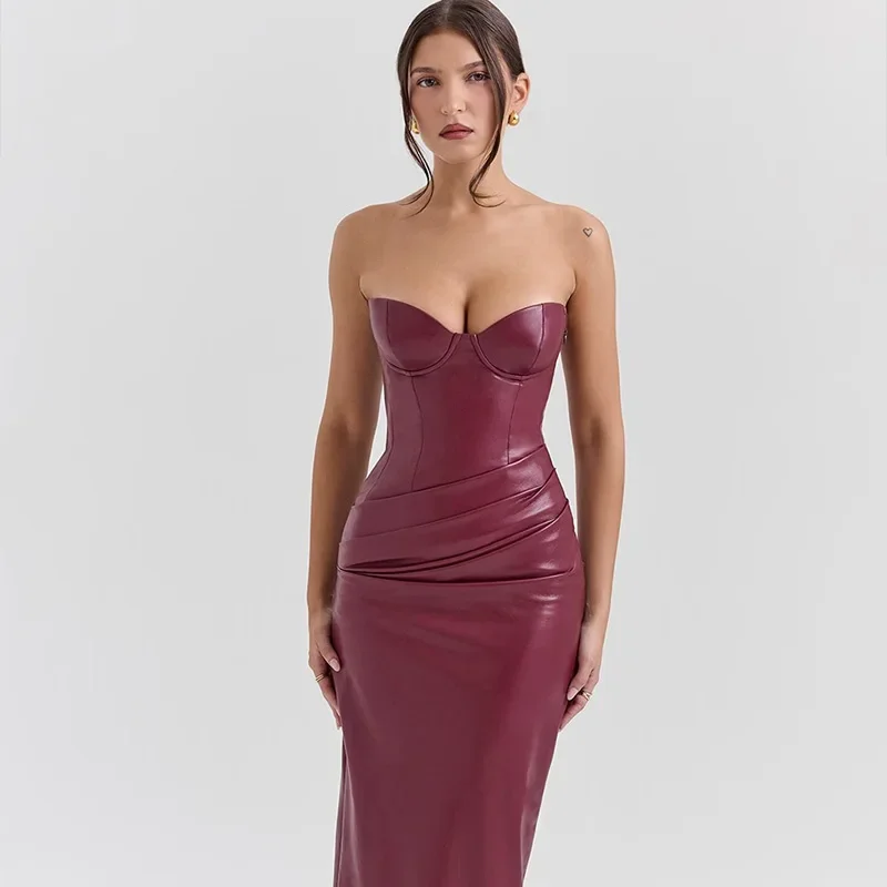 Frauen PU Leder Kleid rückenfreies Partykleid Trägerlos Abendkleid Cocktailkleid