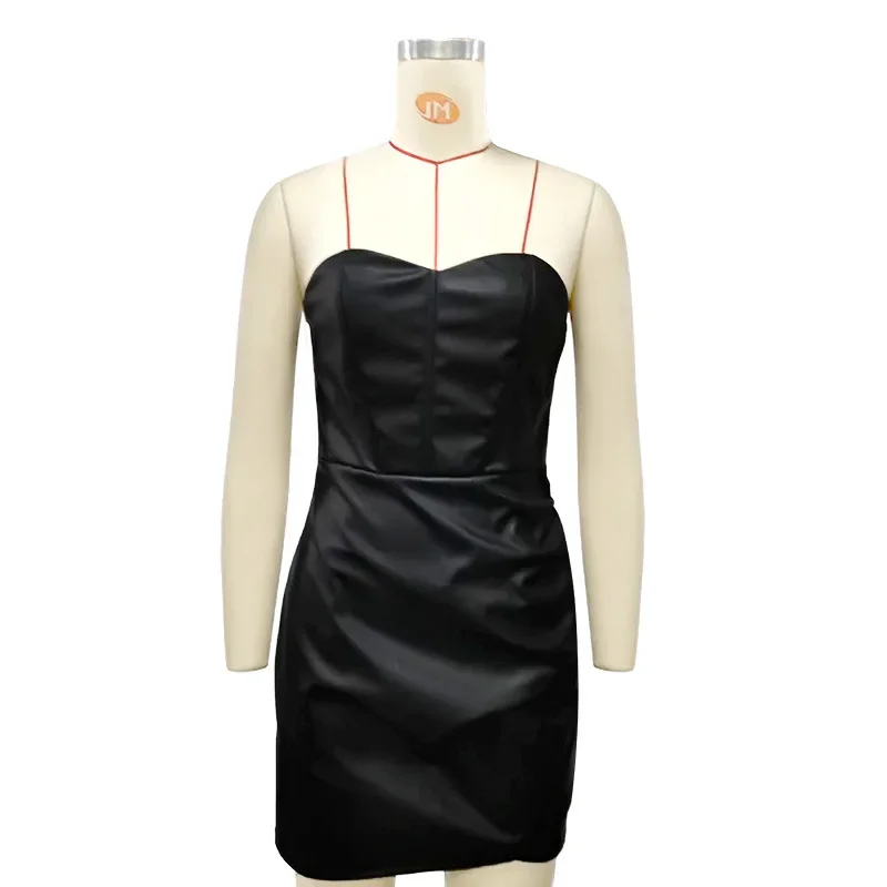 Frauen PU Leder Kleid rückenfreies Partykleid Trägerlos Abendkleid Cocktailkleid