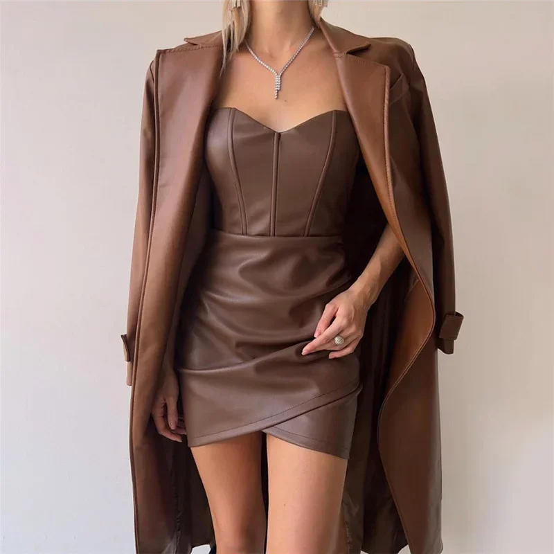 Frauen PU Leder Kleid rückenfreies Partykleid Trägerlos Abendkleid Cocktailkleid