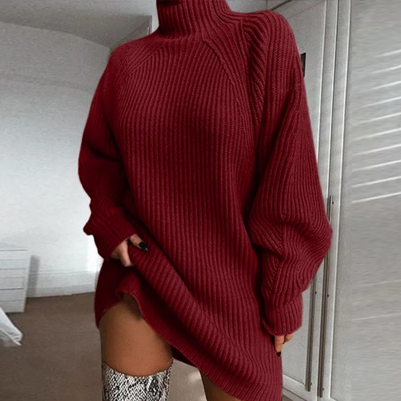 Damen Wollkleid Rollkragen Stiefelkleid Herbstkleid Winterkleid Strickkleid Long