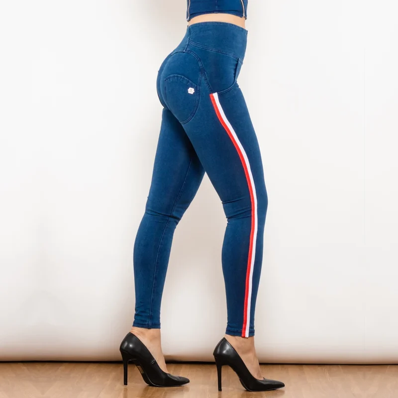 Leggins Donna Vita Alta Pantaloni Jeans Sportivi Fitness Palestra Effetto Denim
