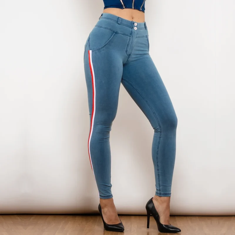 Leggins Donna Vita Alta Pantaloni Jeans Sportivi Fitness Palestra Effetto Denim