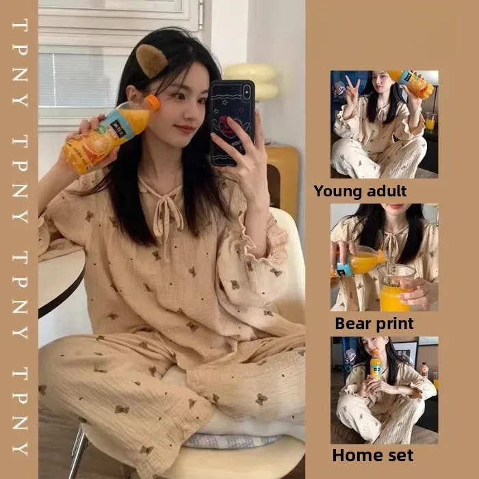 Women's Long Sleeve Sleepwear Bear Polka Dot Home Clothes Autumn Winter New Style Comfortable Nightgown Pants Set