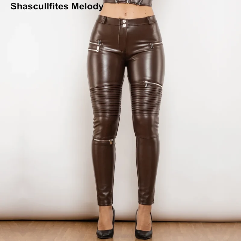 Sexy Damen Stretch Leggings Leggins Gothic Punk Hose PU Lederhose Reißverschluss