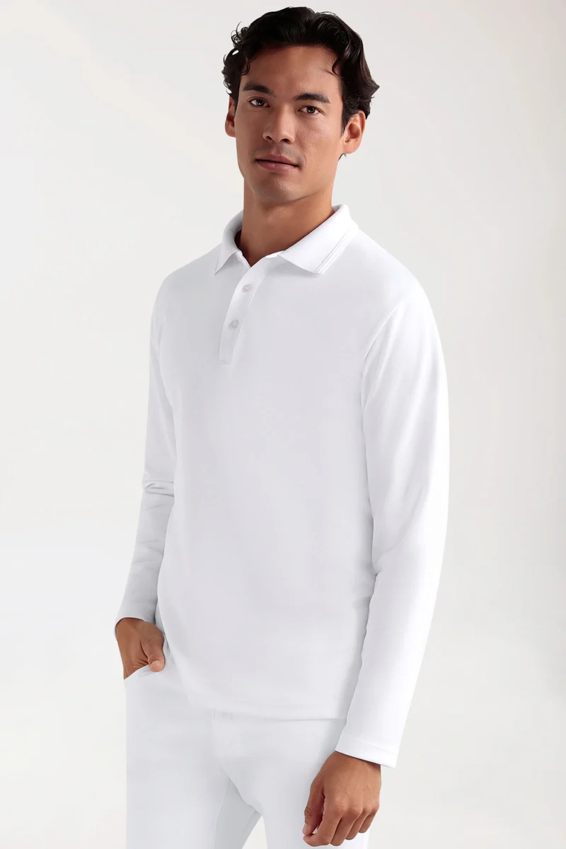 CORE Longsleeve Herren Double Face Piqué - Polokragen weiß