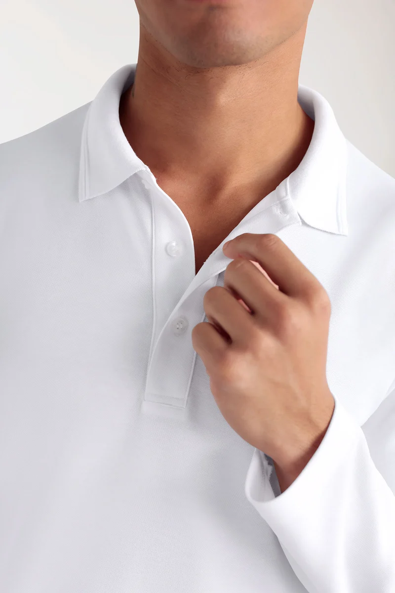 CORE Longsleeve Herren Double Face Piqué - Polokragen weiß