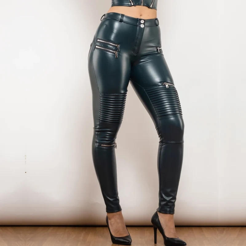 Sexy Damen Stretch Leggings Leggins Gothic Punk Hose PU Lederhose Reißverschluss