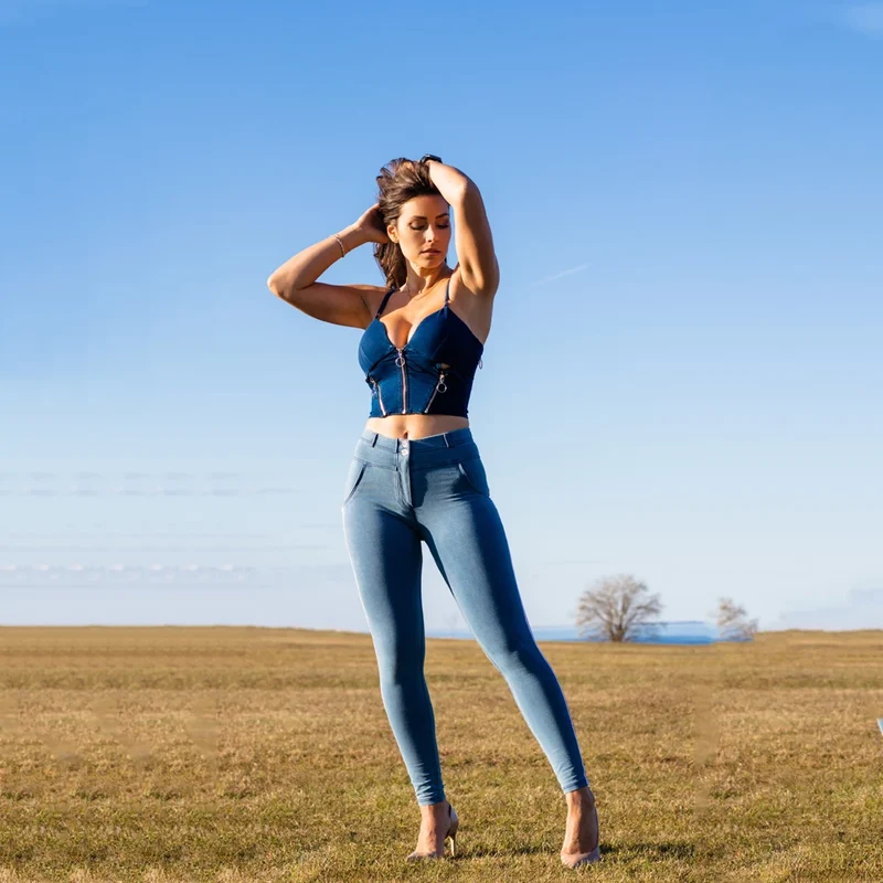 Damen Leggins Denim Look Leggings Sexy Push Up Jeans Hose Jeanshose Stretchhose