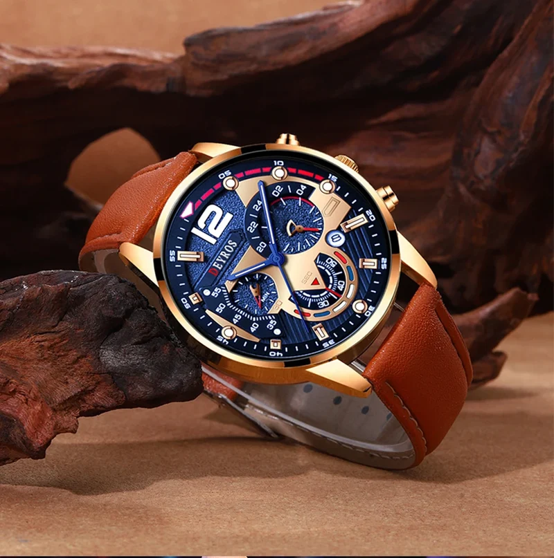Stilvolle Herren Armbanduhr mit Kunstleder Armband Set Luxus Quarz Uhr
