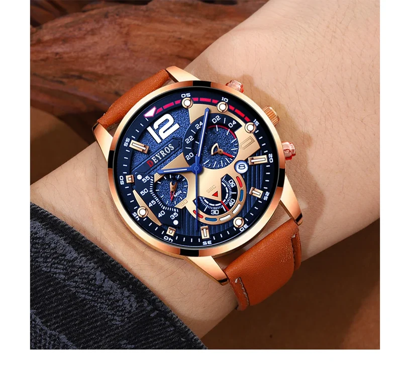 Stilvolle Herren Armbanduhr mit Kunstleder Armband Set Luxus Quarz Uhr