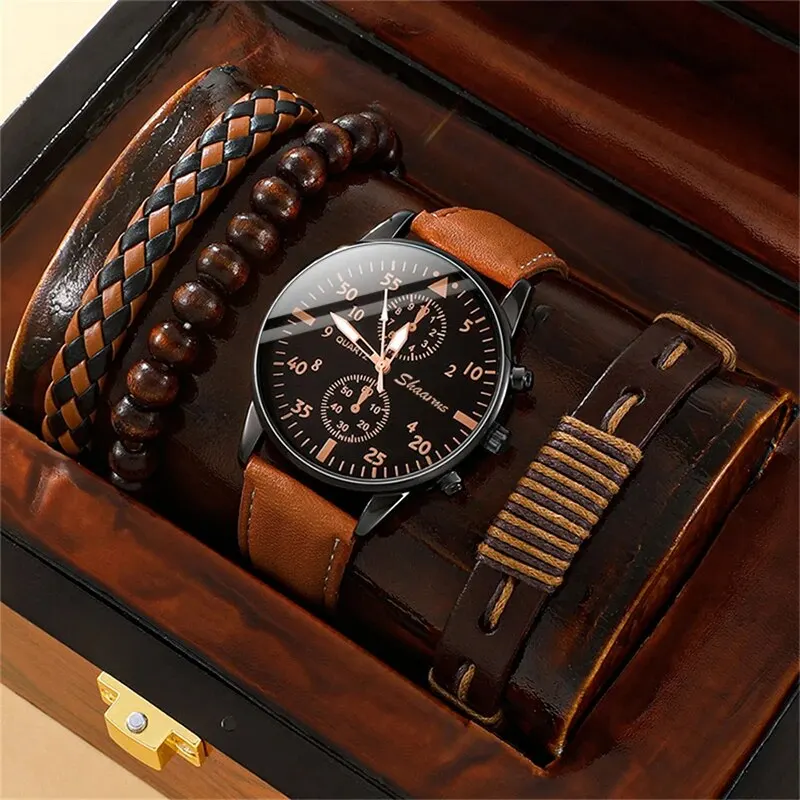 Stilvolle Herren Armbanduhr mit Kunstleder Armband Set Luxus Quarz Uhr