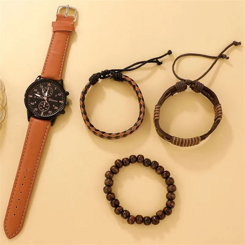 Stilvolle Herren Armbanduhr mit Kunstleder Armband Set Luxus Quarz Uhr